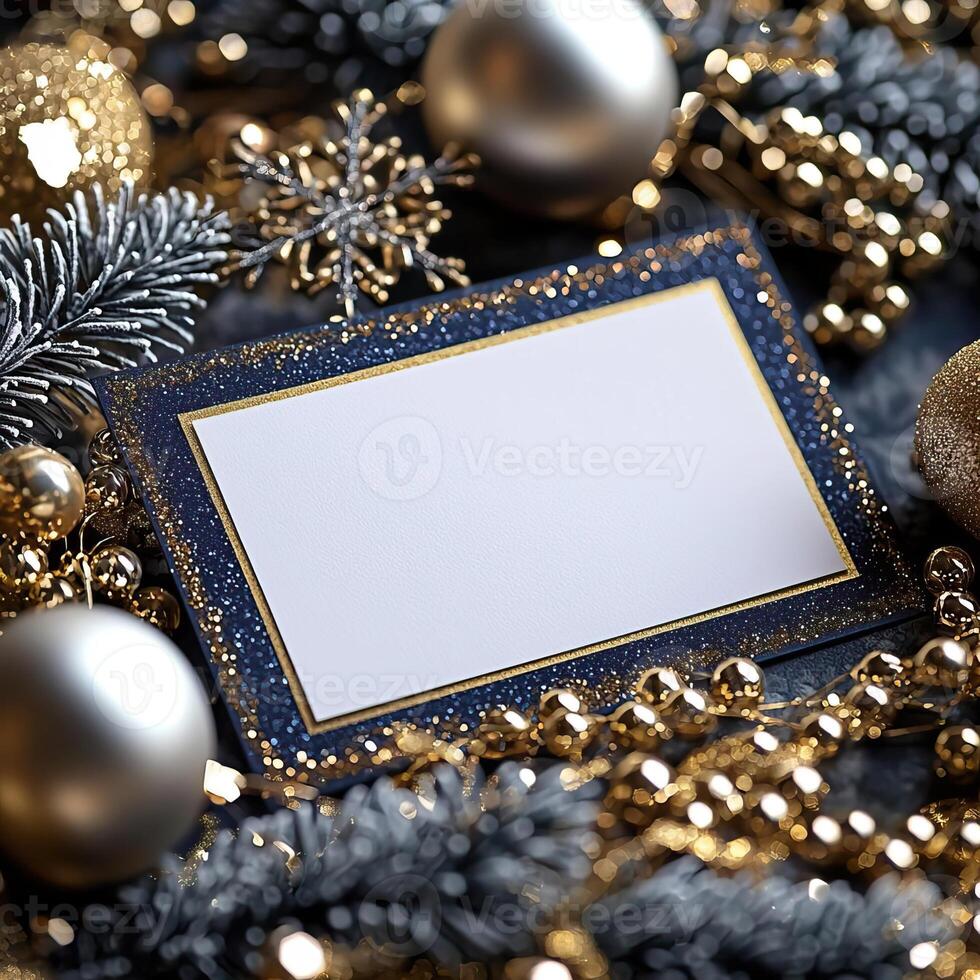 Blank Christmas card surrounded by glittery silver ribbon shimmering holiday decor photo