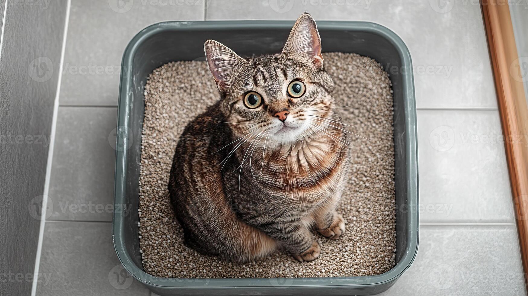 A curious cat sitting in its litter box, showcasing its adorable features and playful demeanor. photo