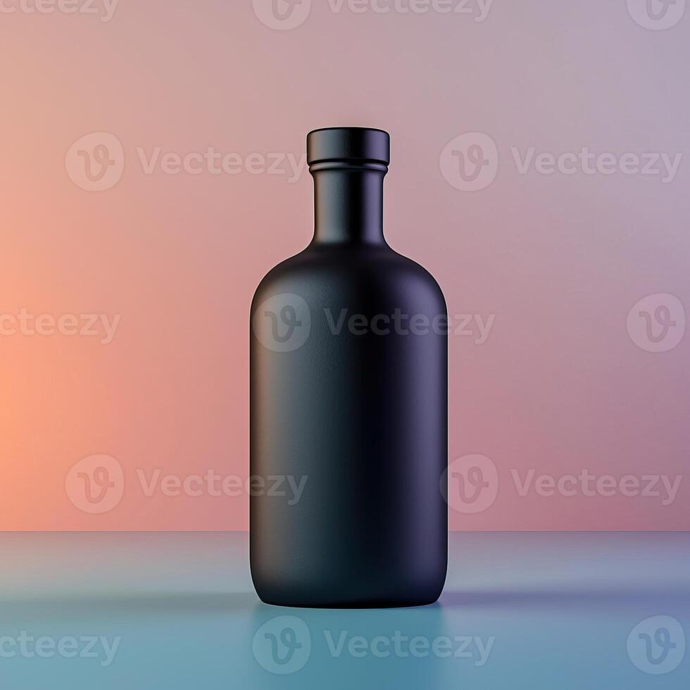 mockup Minimal Monochrome Bottle Aesthetics. A sleek, matte black bottle stands against a softly colored gradient background, showcasing its minimalist design and modern aesthetic. photo