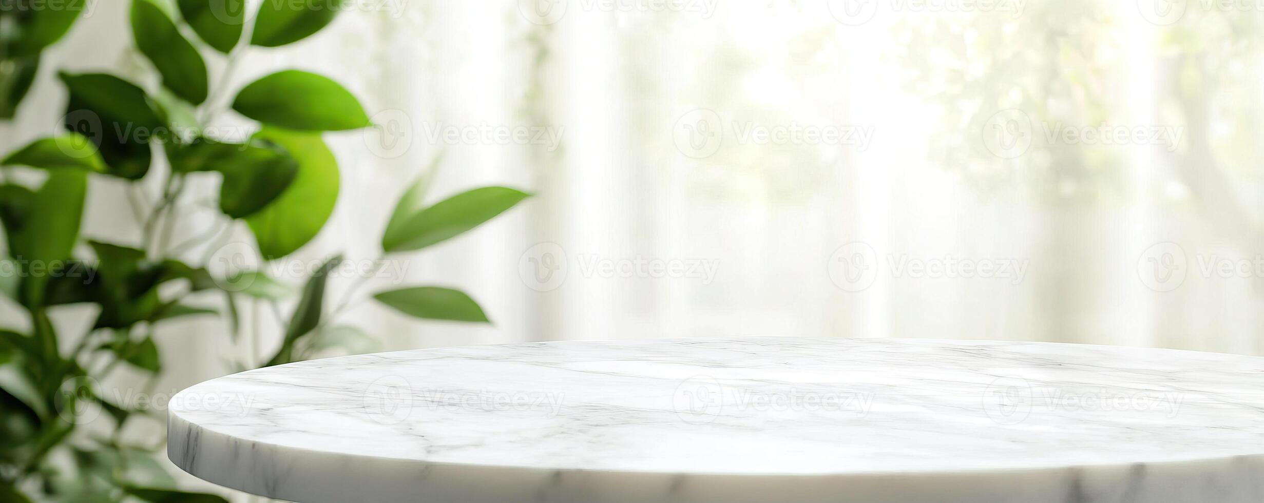 Natural Marble Surfaces with Soft Bokeh Lighting. A serene scene featuring a marble table surrounded by lush green leaves, set against a softly lit, airy backdrop. photo