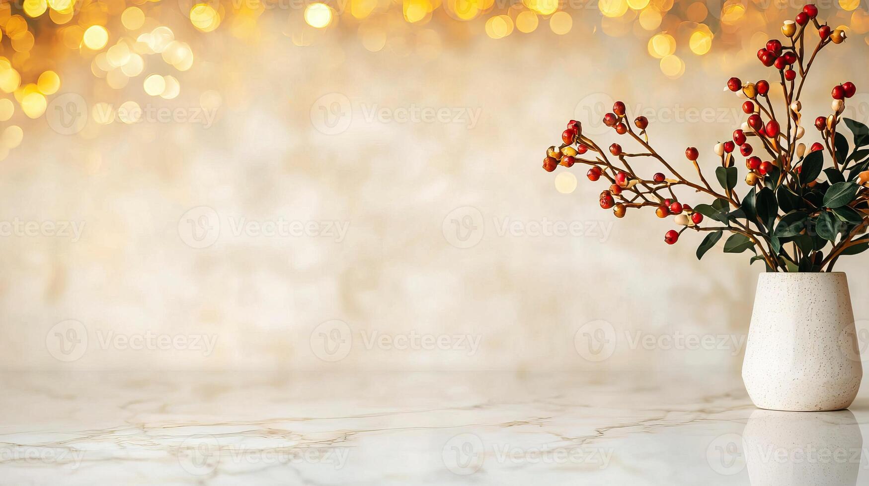 Romantic Ambiance Marble Tables and Countertops with Bokeh. A delicate vase holds vibrant flowers against a softly glowing background, creating a warm and inviting atmosphere. photo