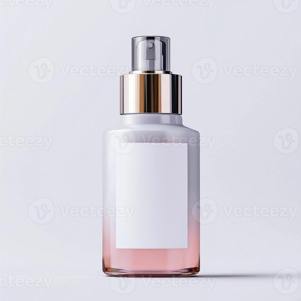 Sophisticated Spray Bottle Designs. A sleek, modern cosmetic bottle with a gradient design, featuring a golden cap and a blank label for customization. photo
