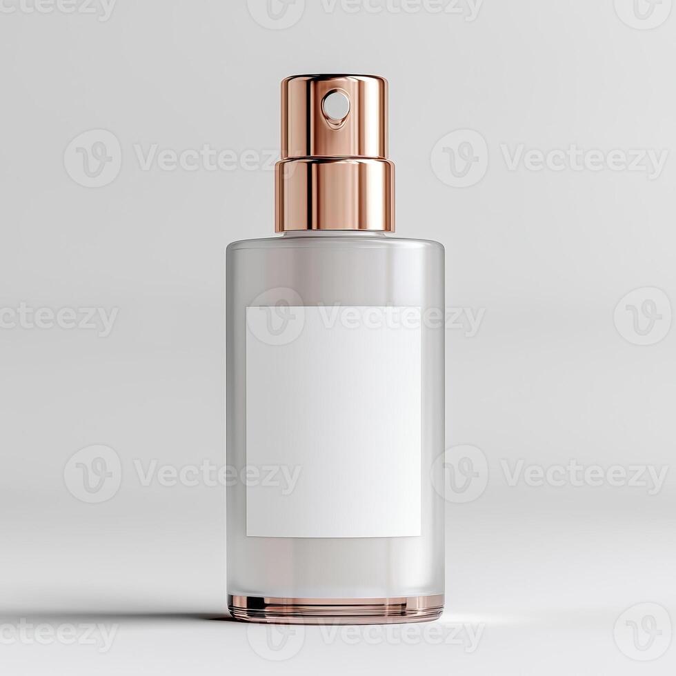 Sophisticated Spray Bottle Designs. A sleek, minimalistic perfume bottle with a rose gold cap, designed for elegance and simplicity, featuring a blank label for customization. photo