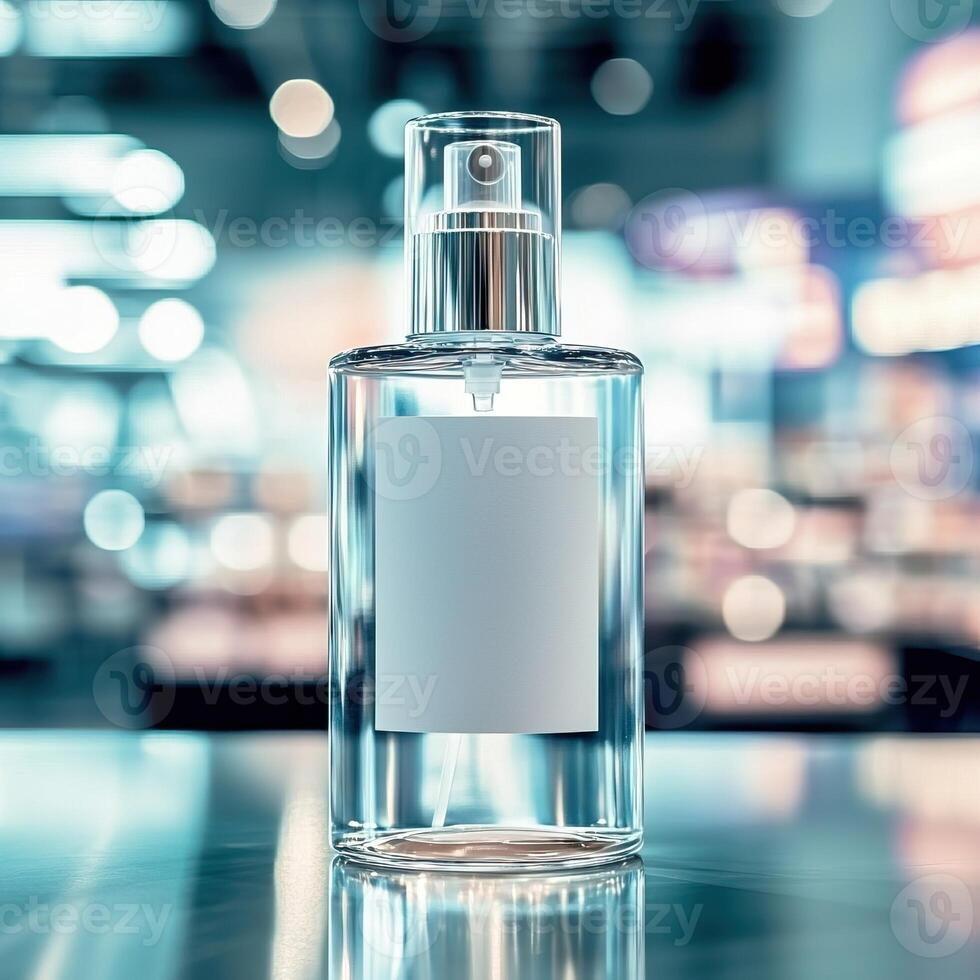 Sophisticated Spray Bottle Designs. A sleek, modern perfume bottle with a blank label, set against a blurred background of soft lights, suggesting elegance and luxury. photo