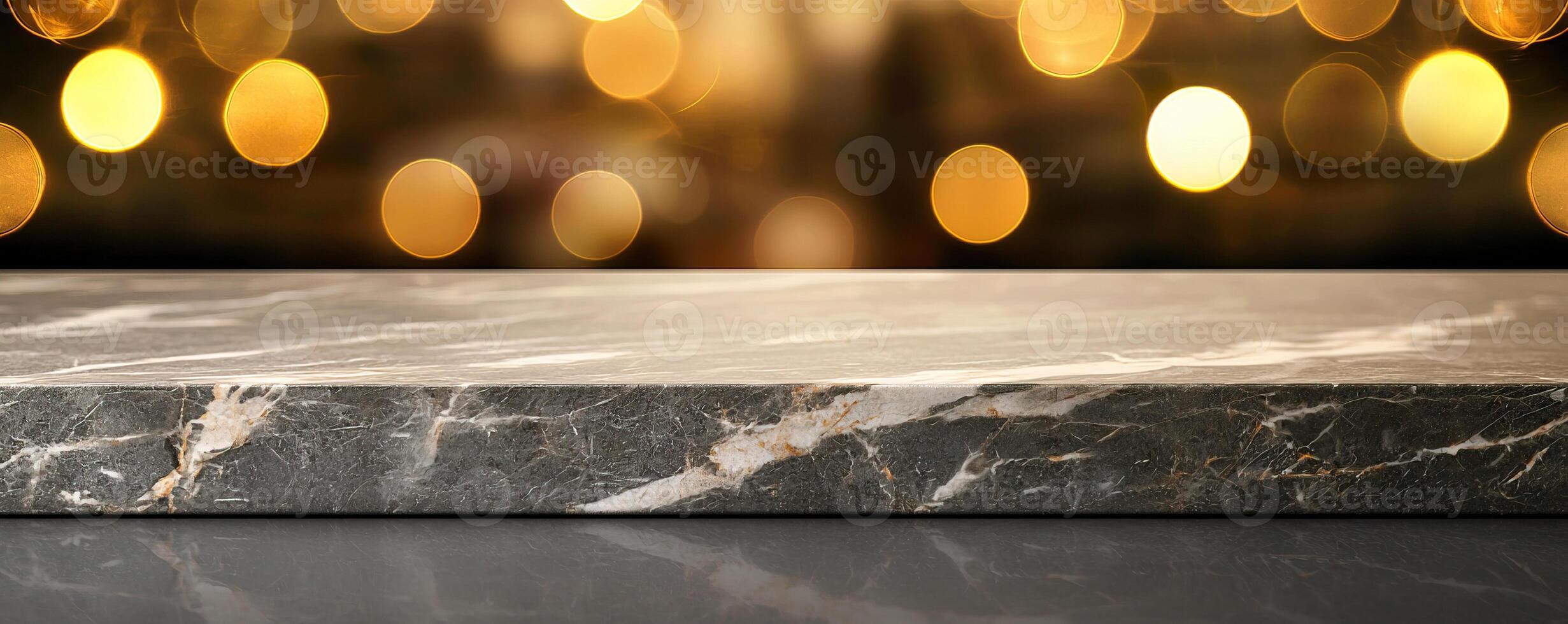 Romantic Ambiance Marble Tables and Countertops with Bokeh. A sleek marble countertop with a blurred golden bokeh background, perfect for showcasing products or as a stylish backdrop. photo