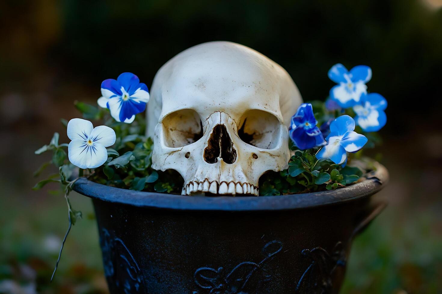 A skull in a pot with blue flowers photo