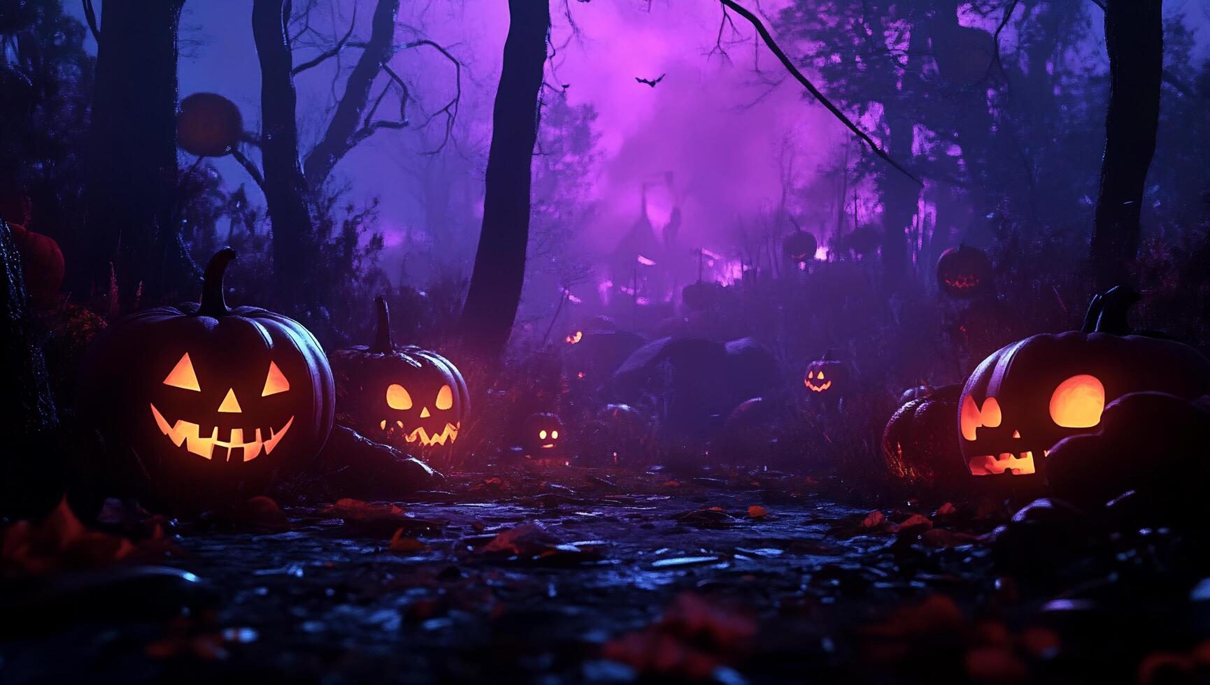 Halloween pumpkins in the dark with purple lights photo