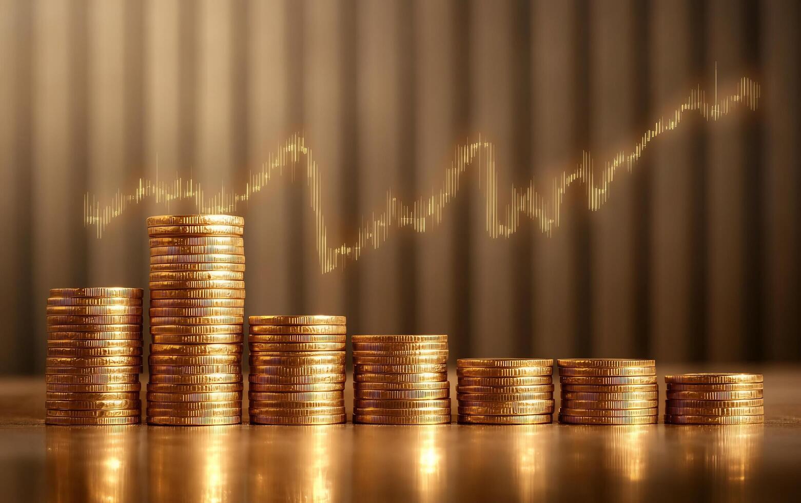 Gold coins stacked on a table with an upward graph photo