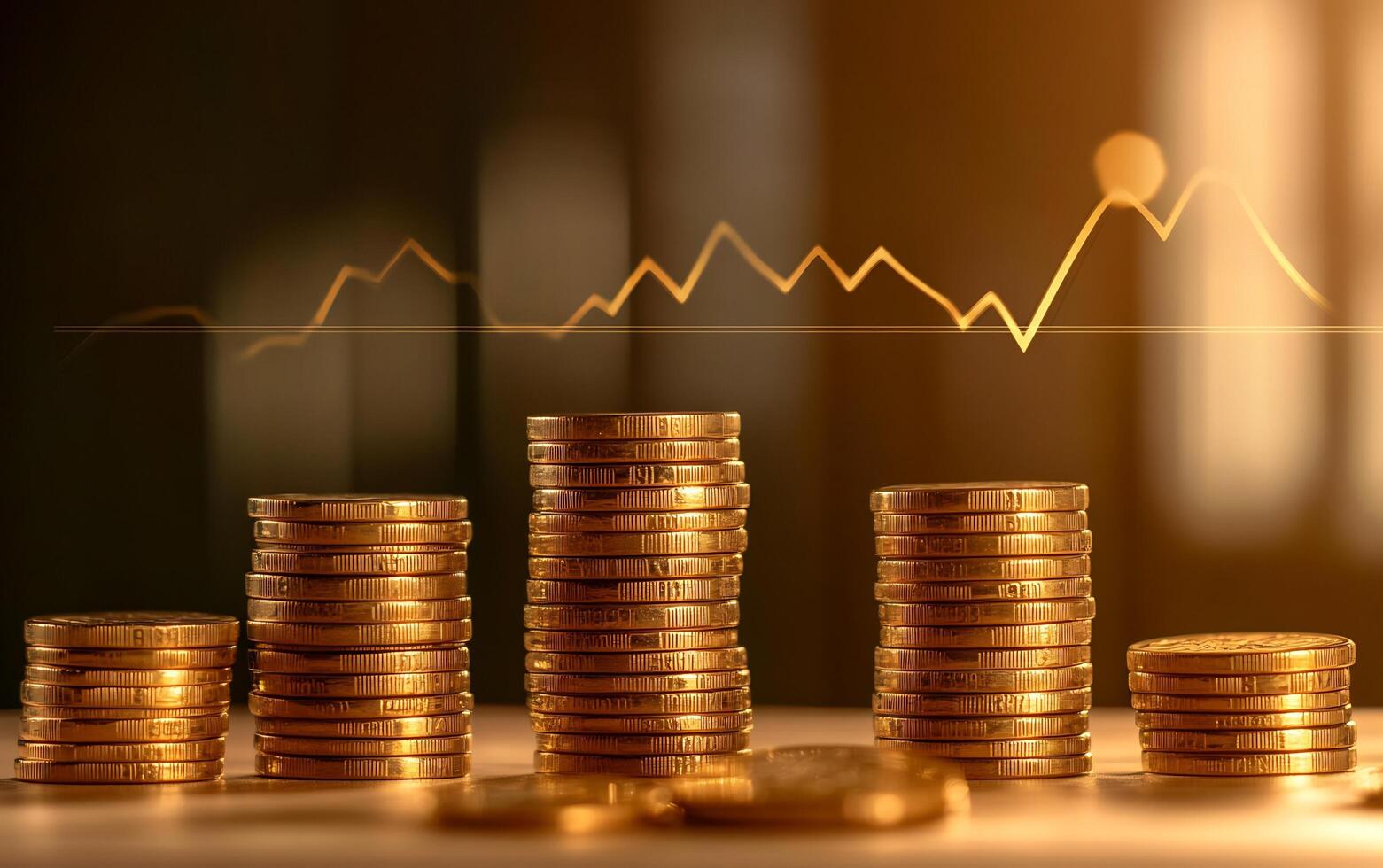 Gold coins stacked on a table with an upward graph photo