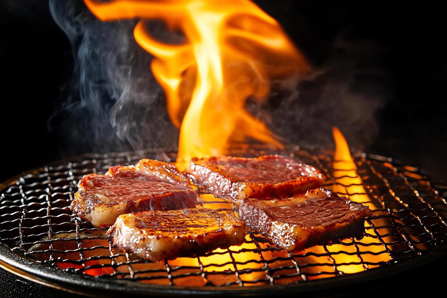 A grill with meat on it and flames photo