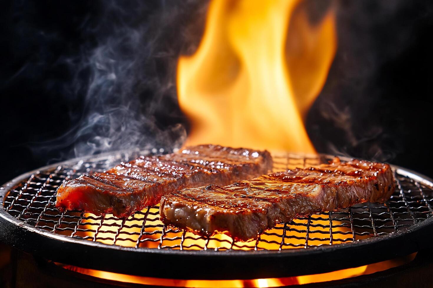 Two steaks are cooking on a grill with flames photo