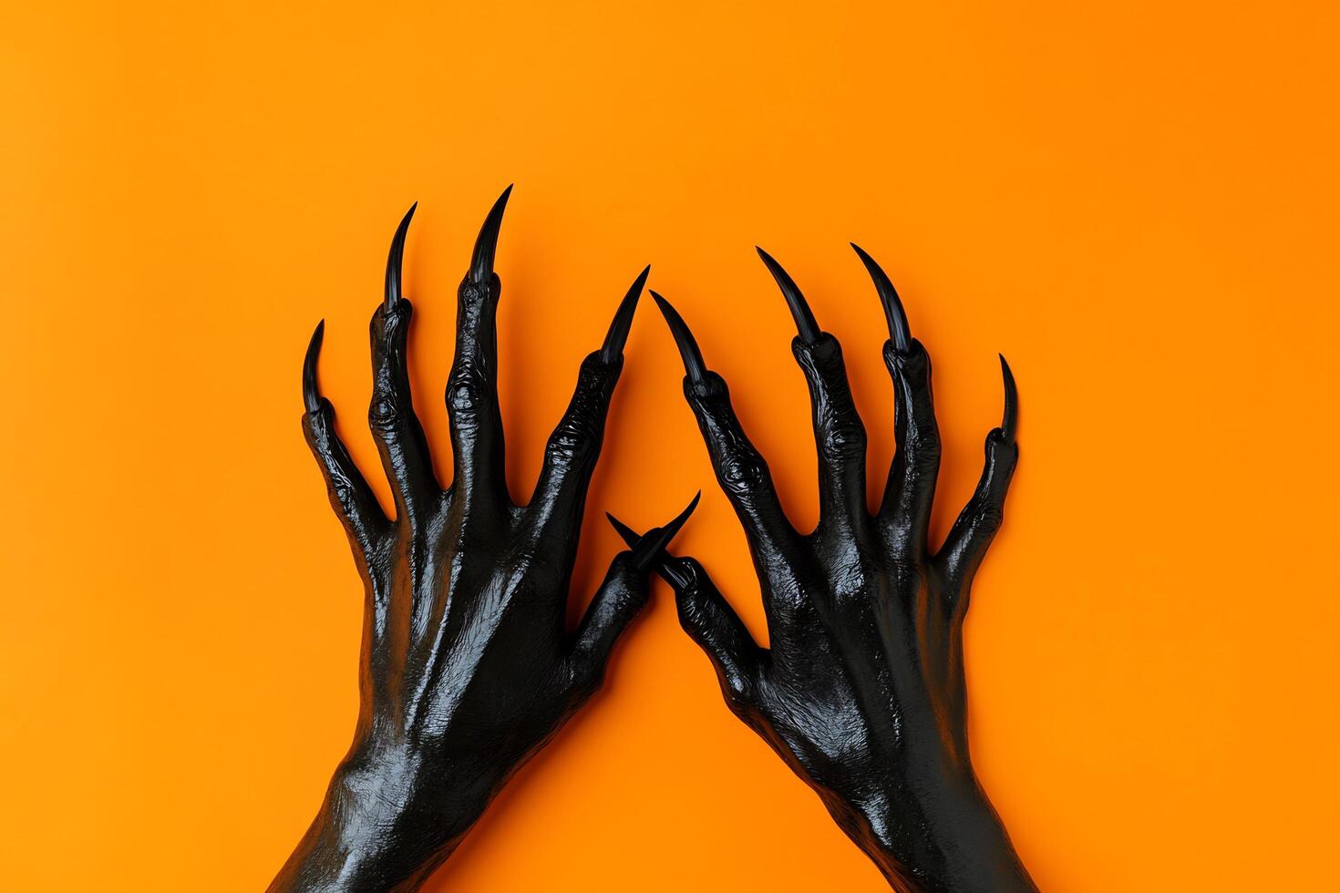 Hands of a woman with black claws on an orange background photo