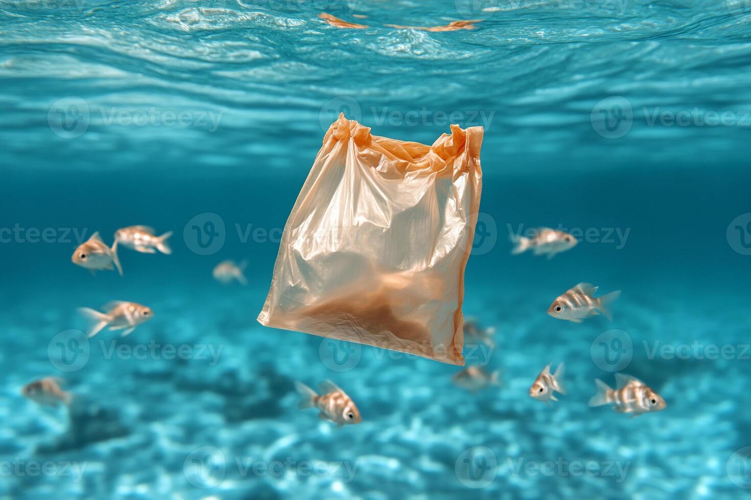 Plastic bag floating in the ocean with fish photo