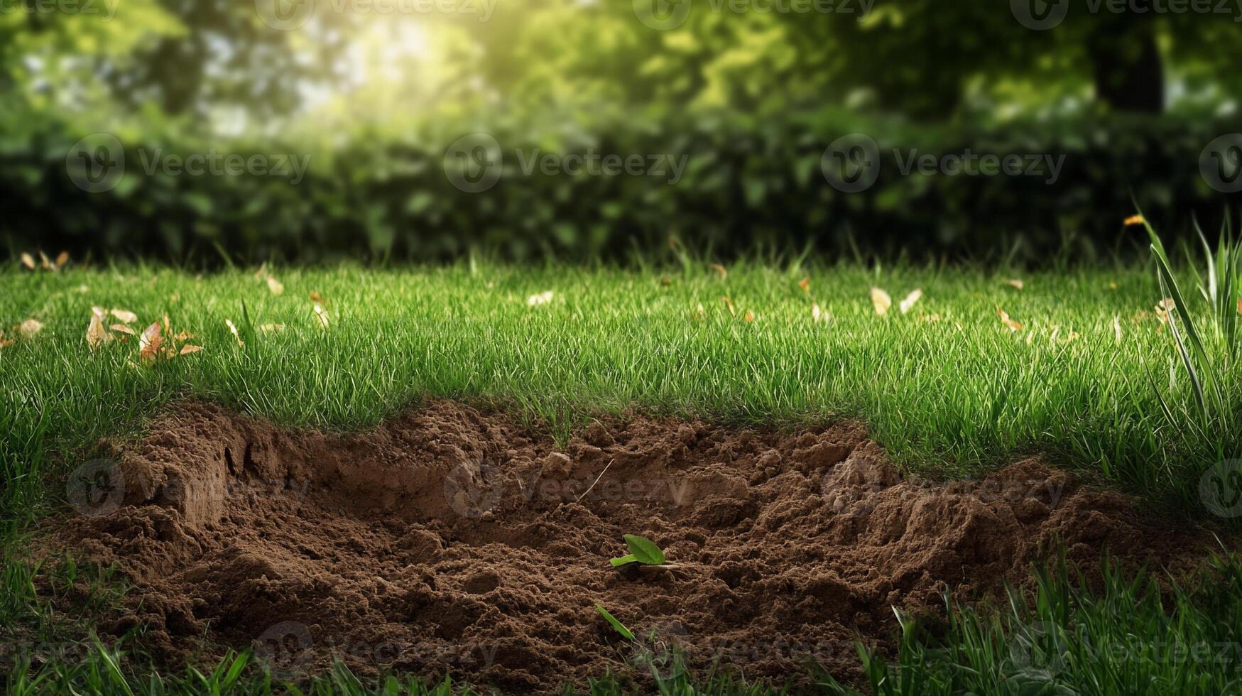 A hole in the ground with dirt and grass photo