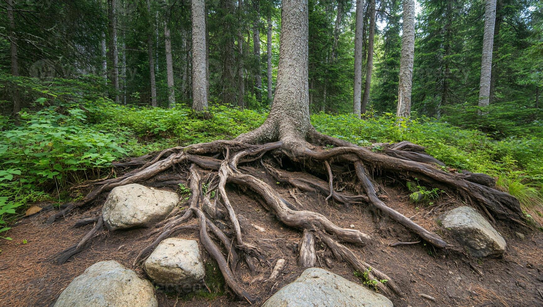 A tree with roots growing out of the ground photo