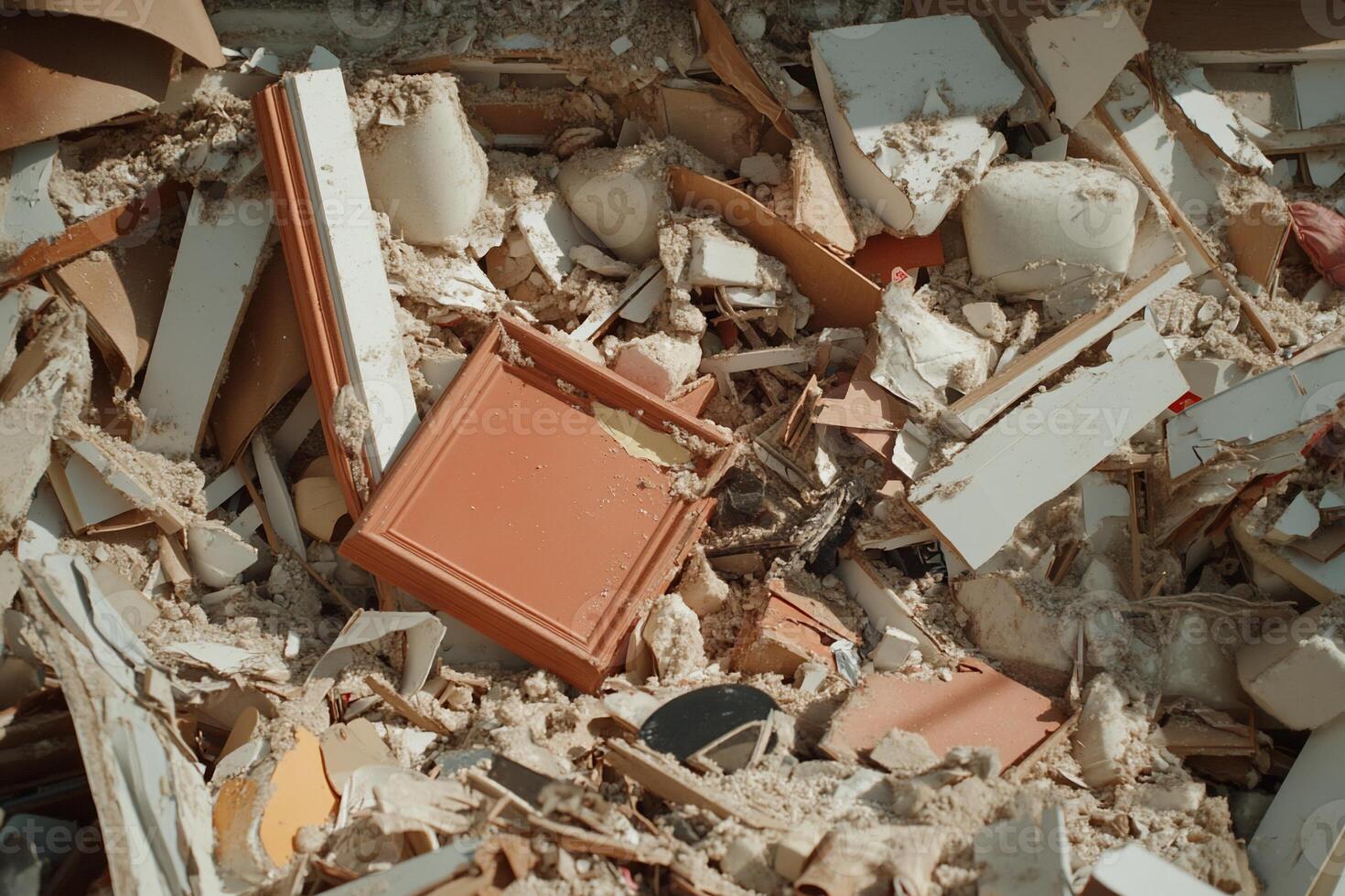 A pile of debris with a broken chair and other items photo