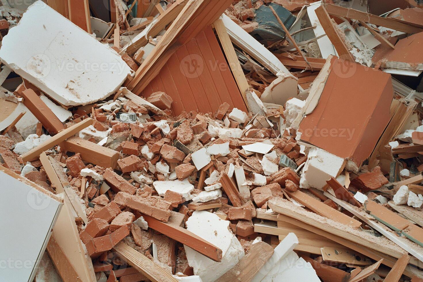 A pile of rubble with many pieces of wood photo