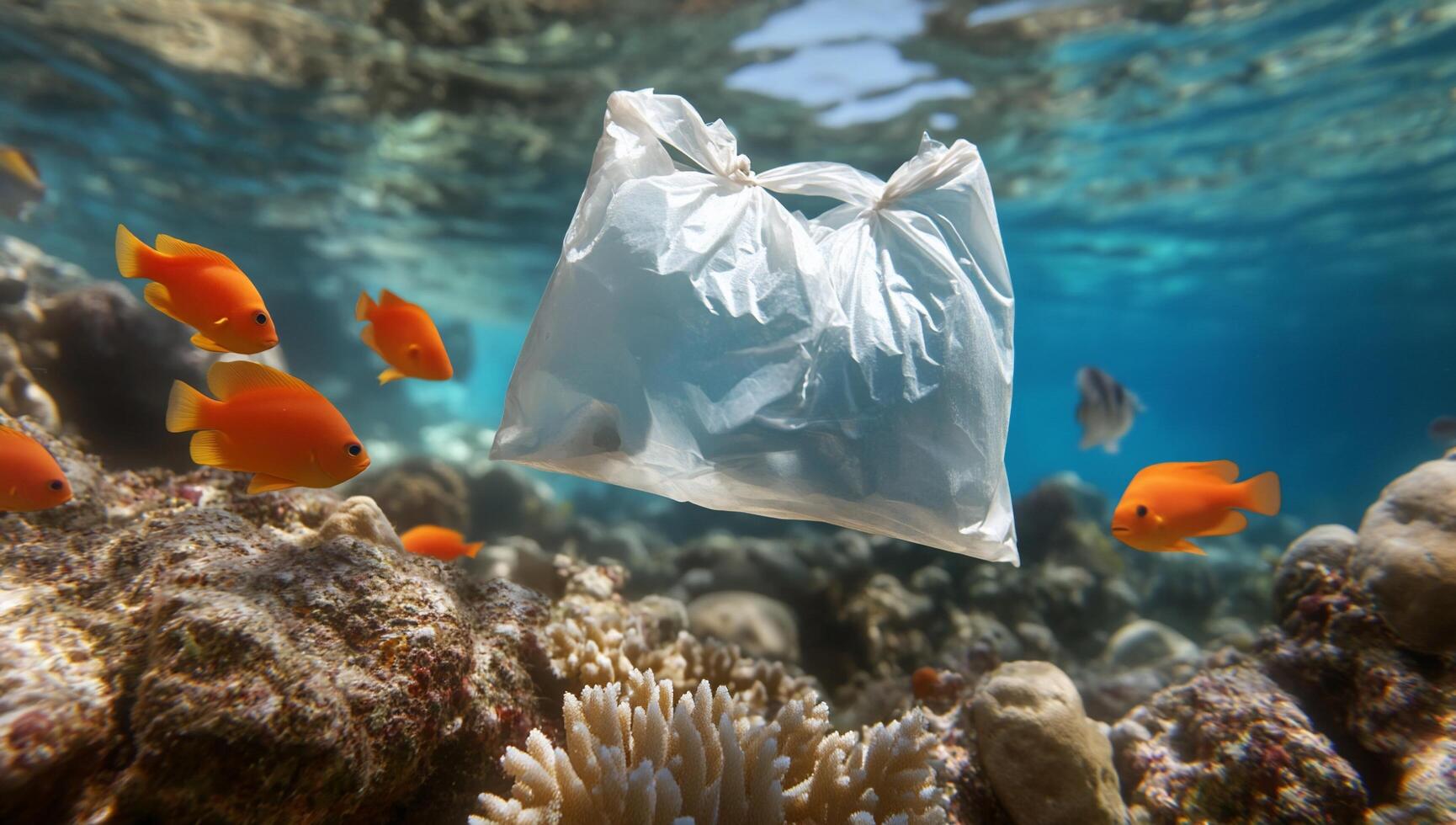 A plastic bag floating in the ocean with fish photo