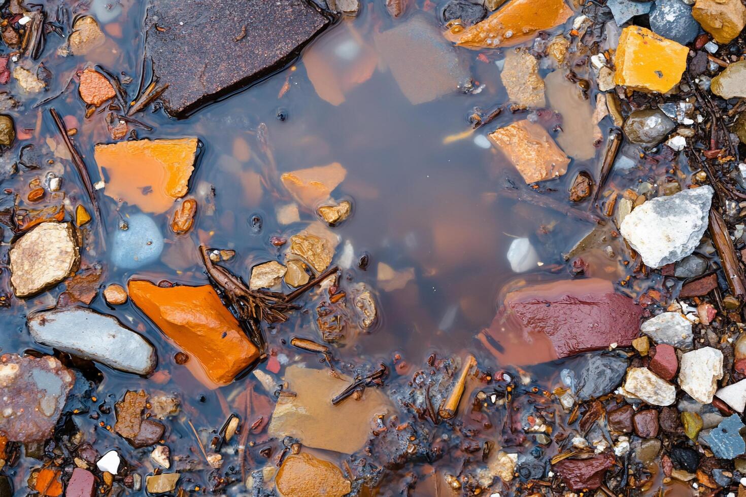A puddle of water with many different colored rocks photo