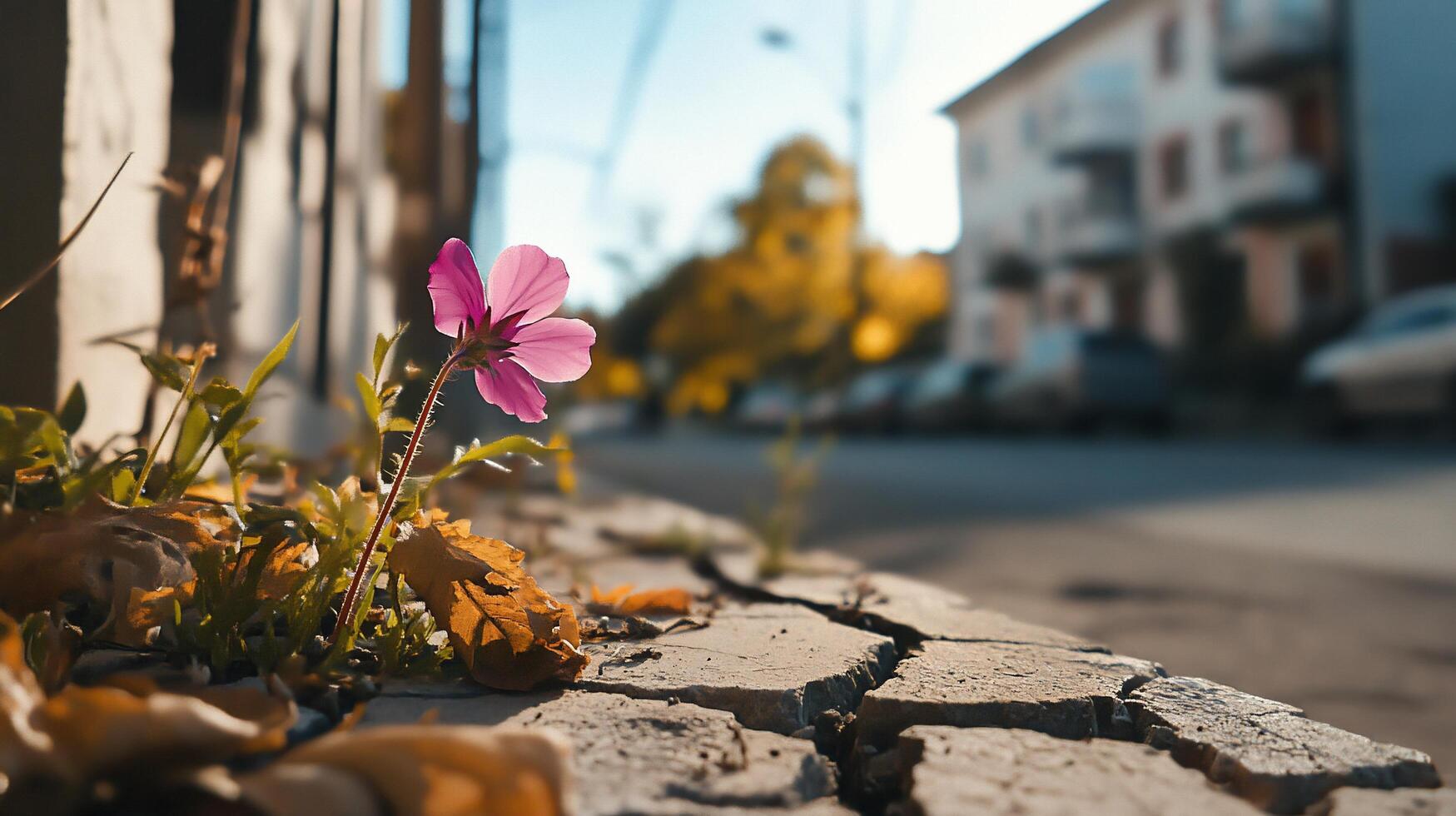A flower growing on the side of a street photo