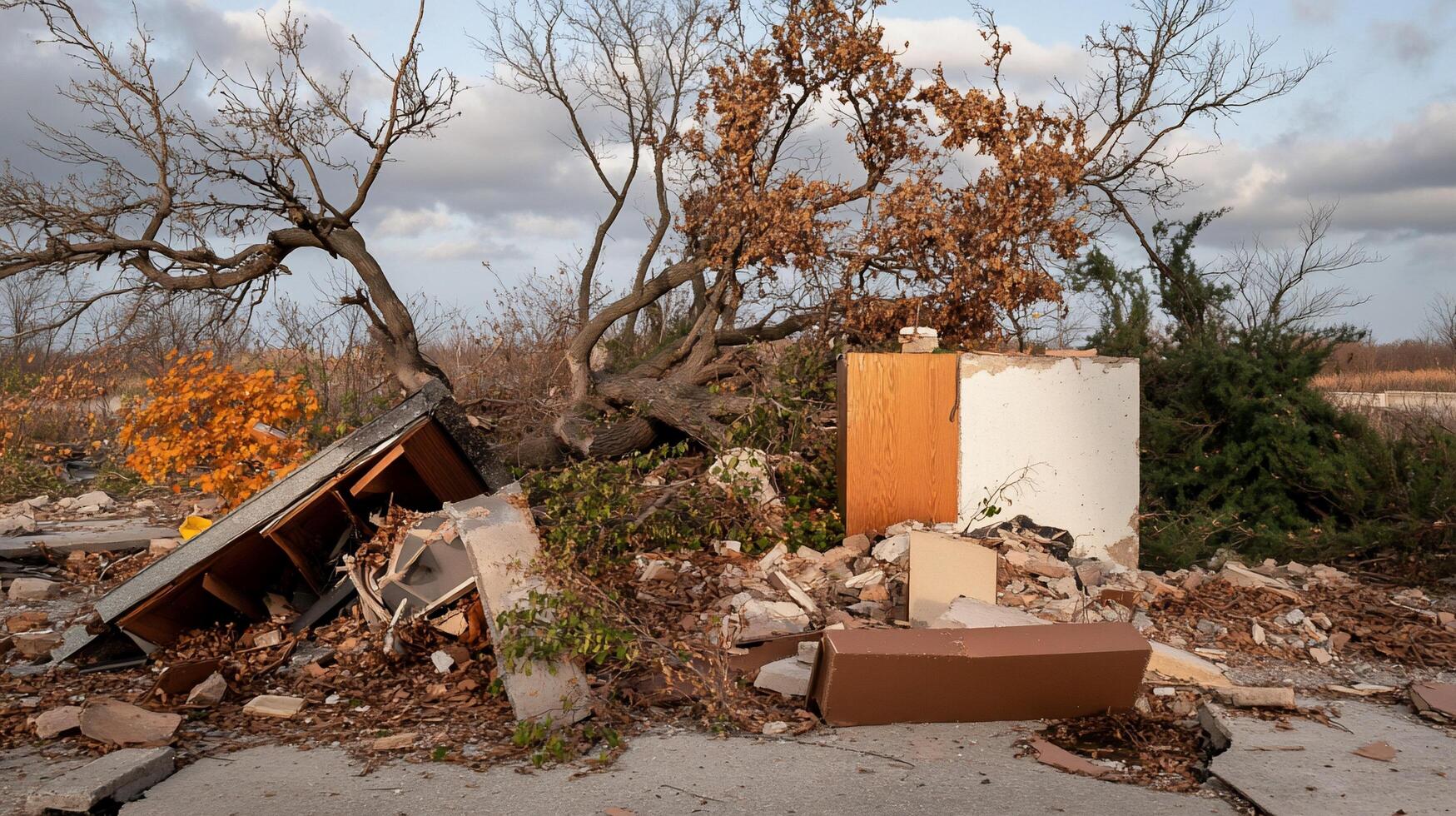A pile of debris and trash in front of a tree photo