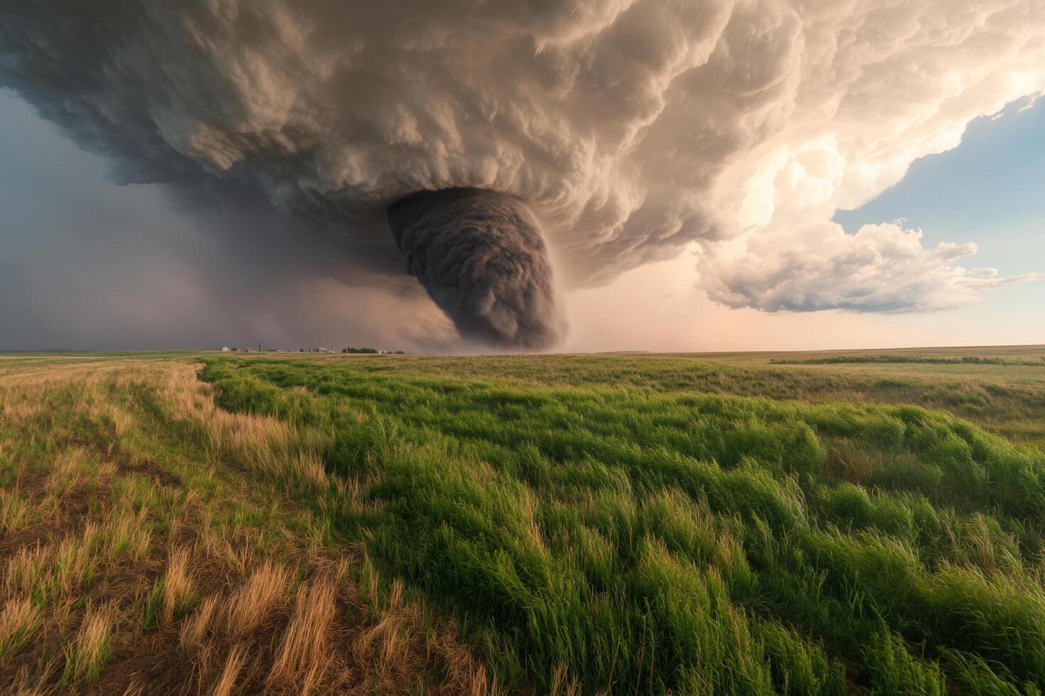 A tornado is seen in the sky over a field photo