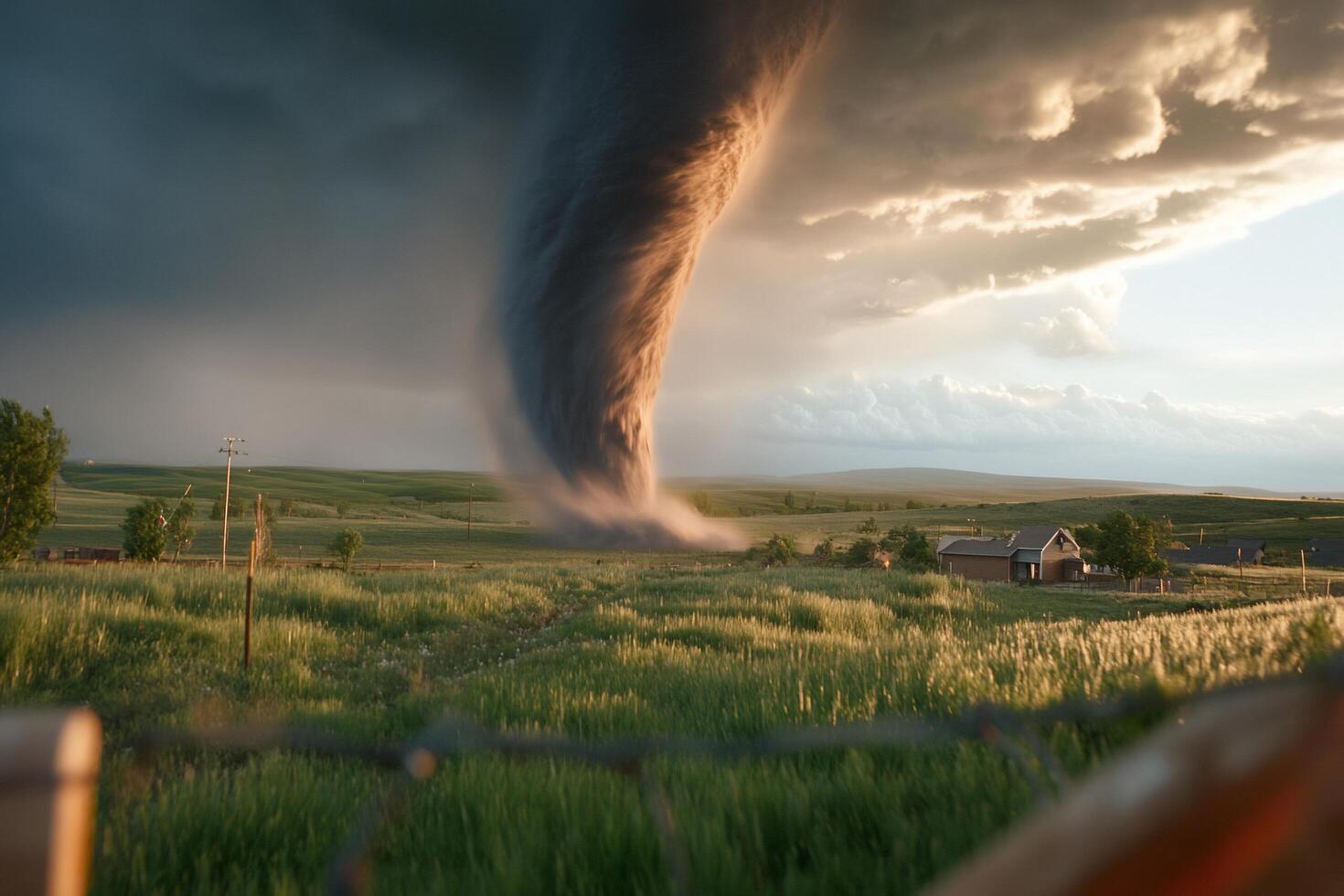 A tornado is seen in the distance as it rolls over a field photo