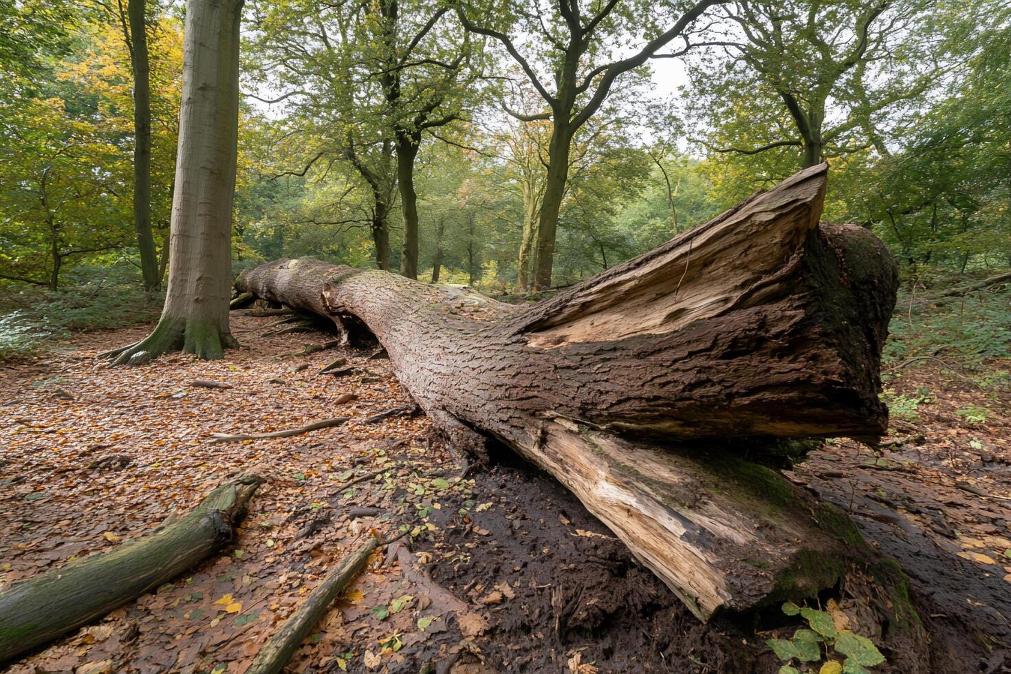 A fallen tree in a forest with leaves and dirt photo