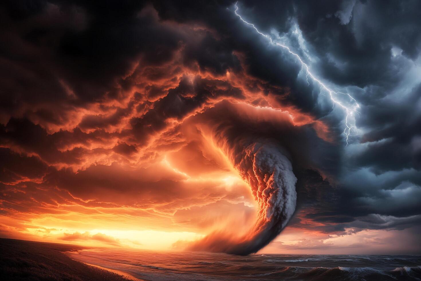 A tornado is seen in the sky over a beach photo