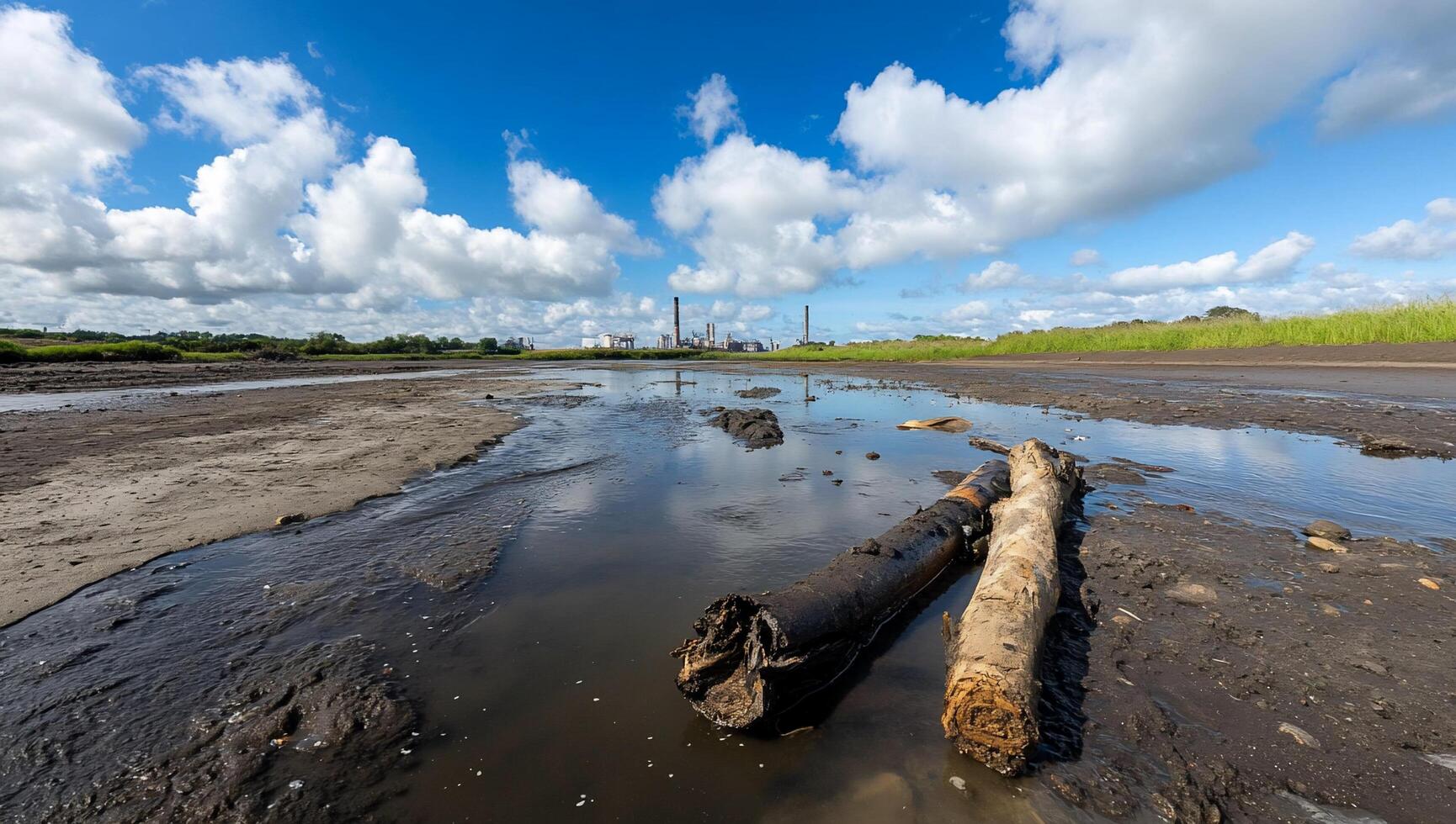 A log sits in the mud near a river photo