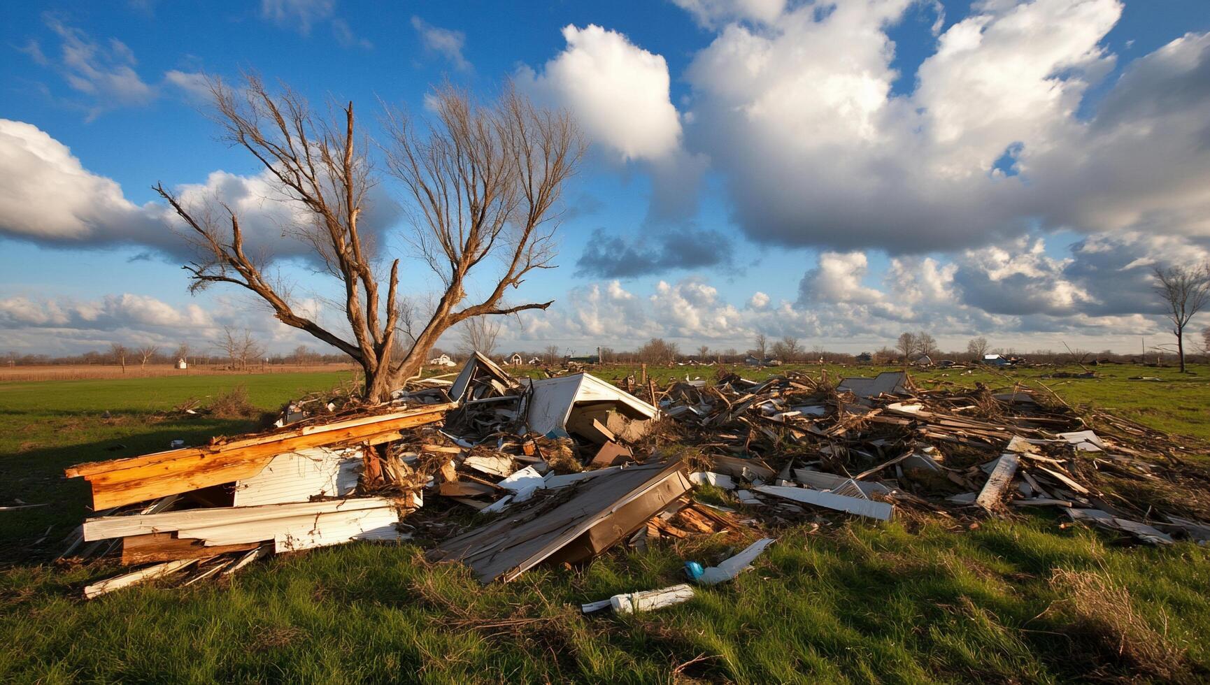 A pile of debris in a field with a tree photo