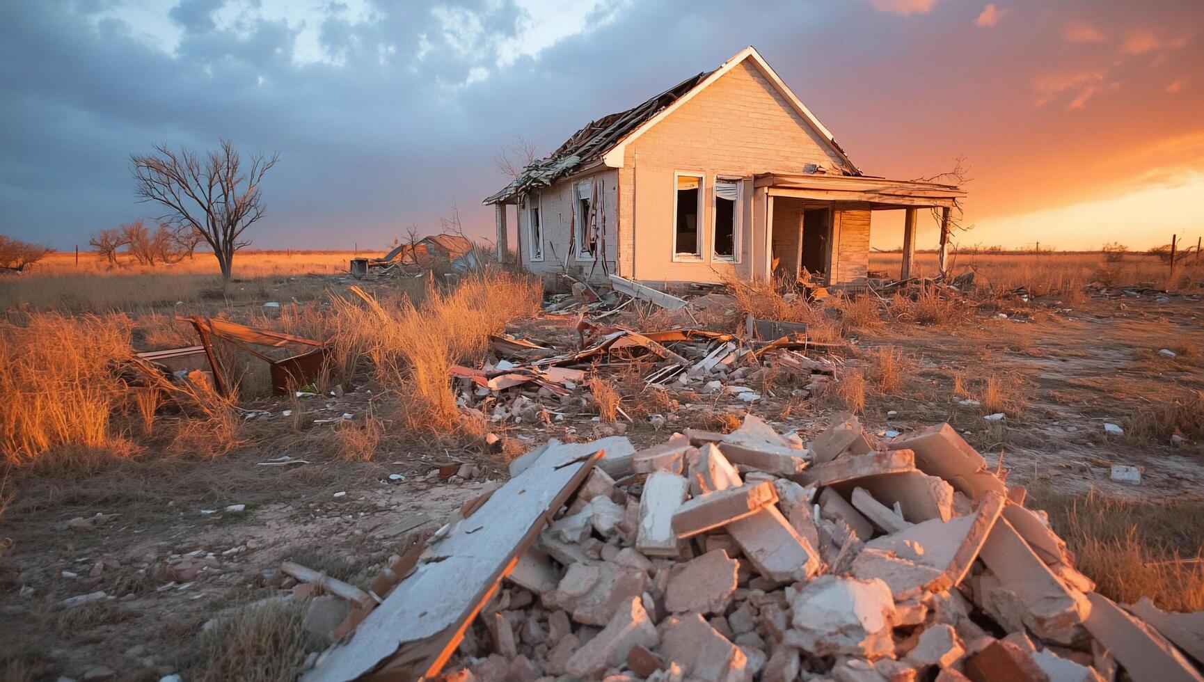 A house is surrounded by rubble in an empty field photo