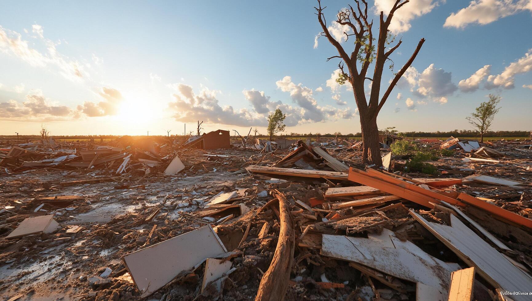 A tree is standing in the middle of a destroyed field photo