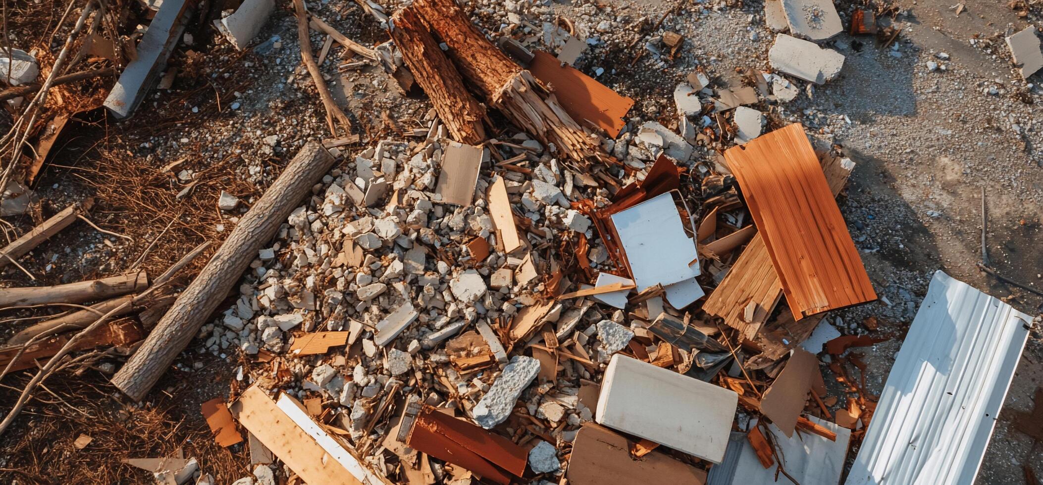 A pile of debris and wood is shown photo