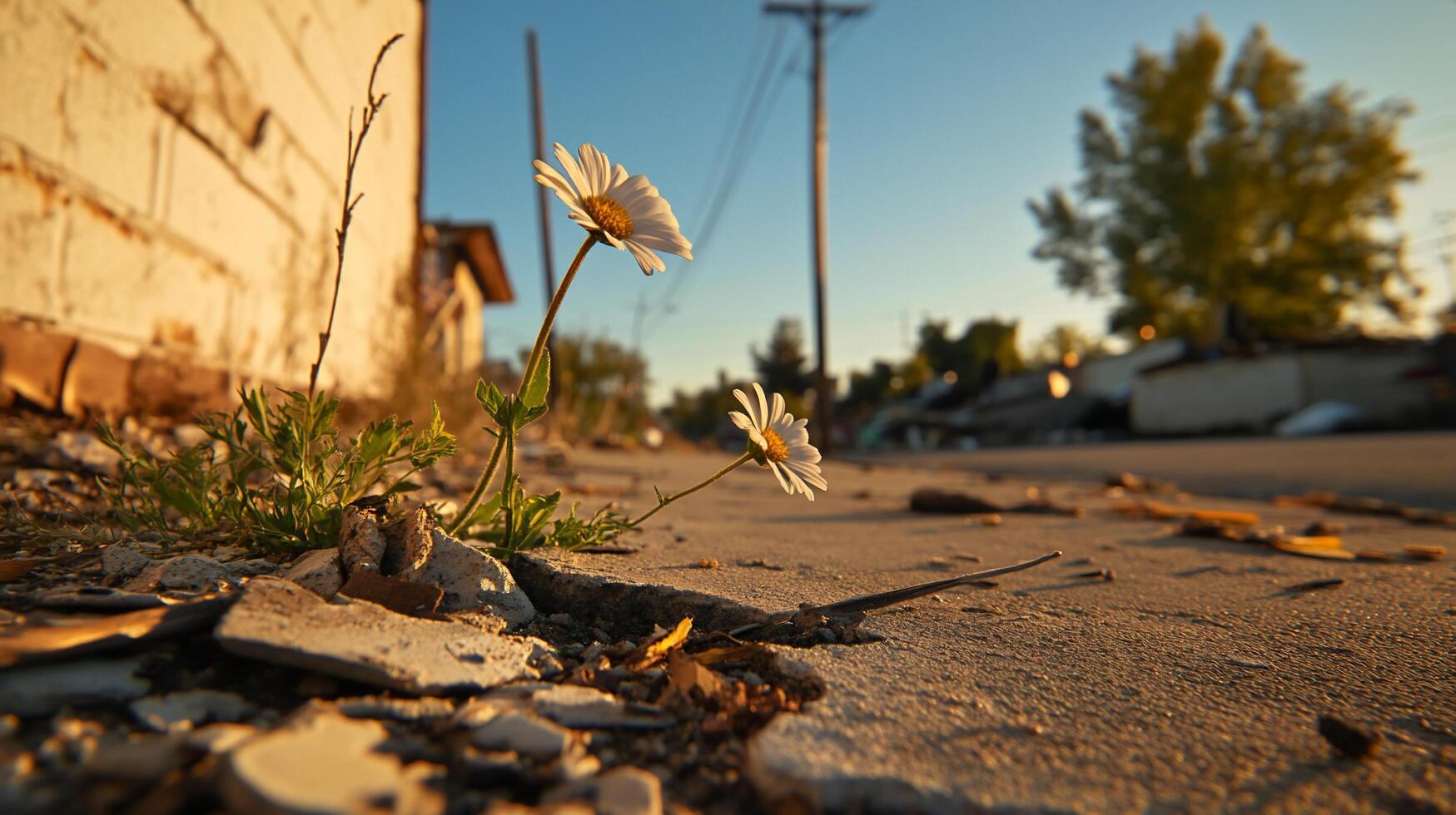 A lone daisy grows in the middle of a street photo