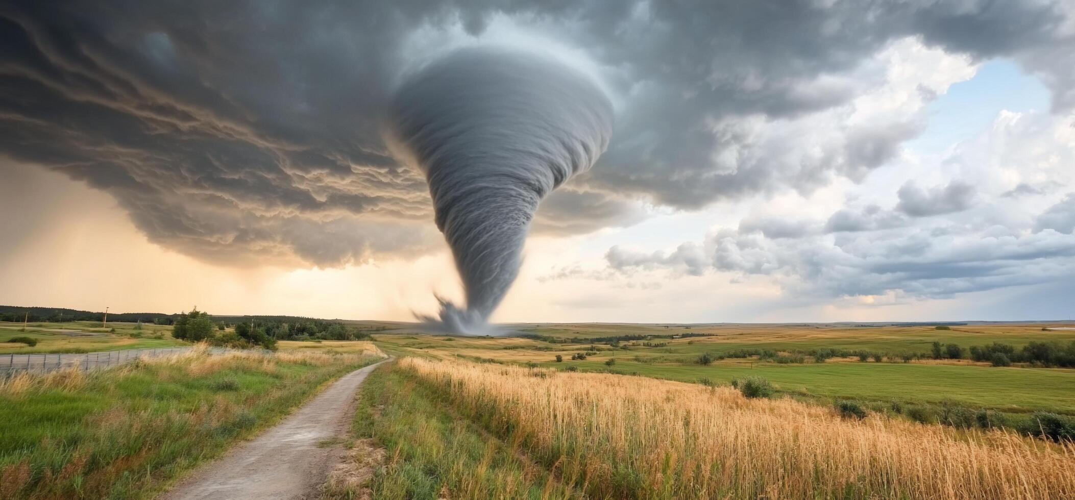 A tornado is seen in the sky over a field photo