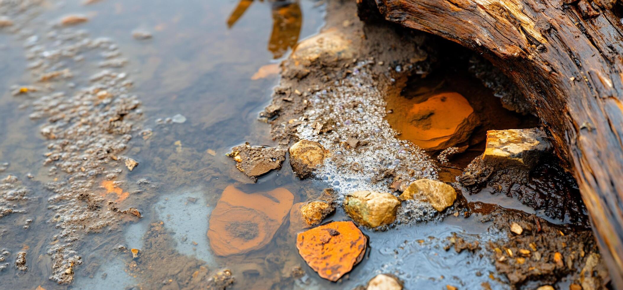 A log in the water with some orange rocks photo
