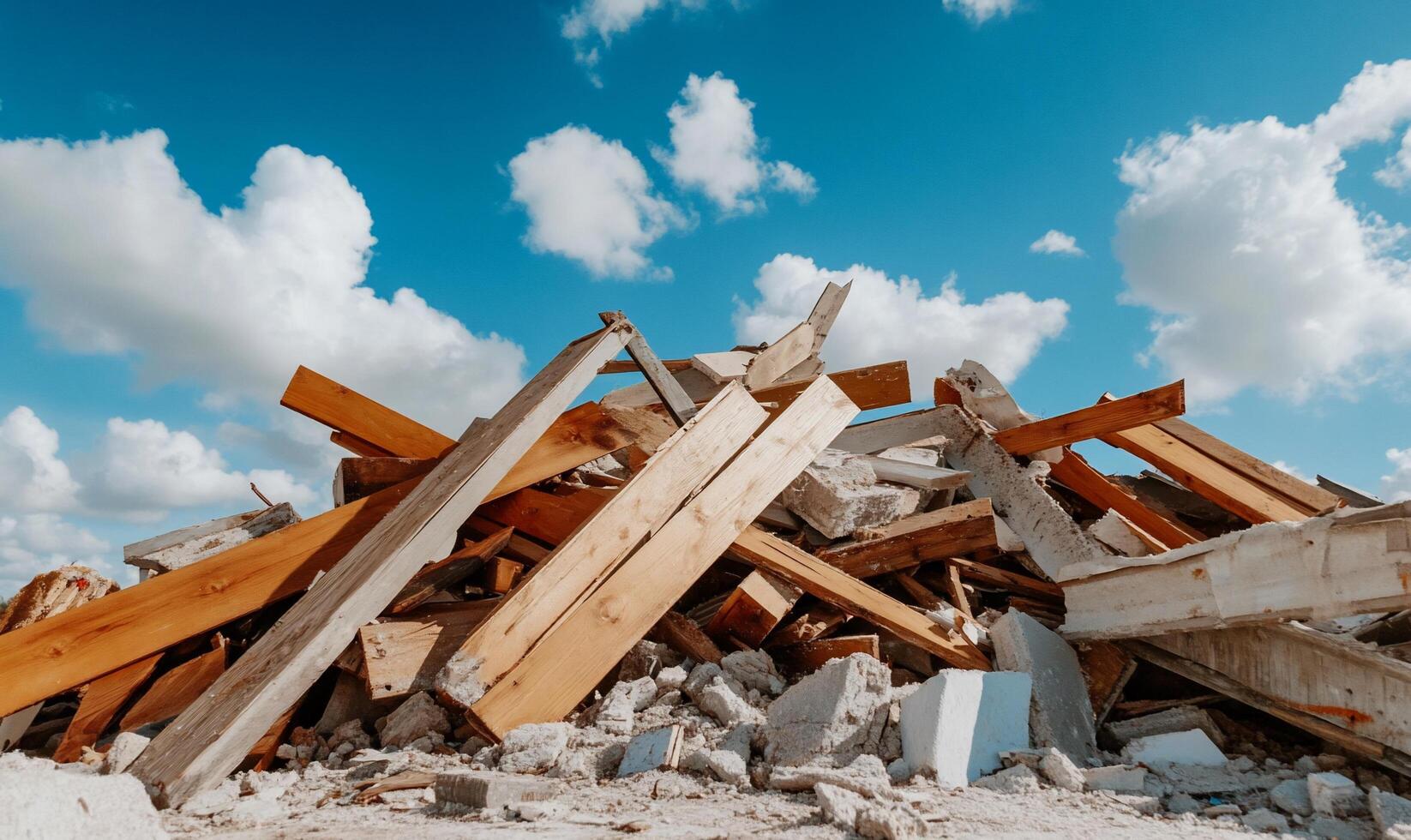A pile of wood and rubble sitting on top of a blue sky photo