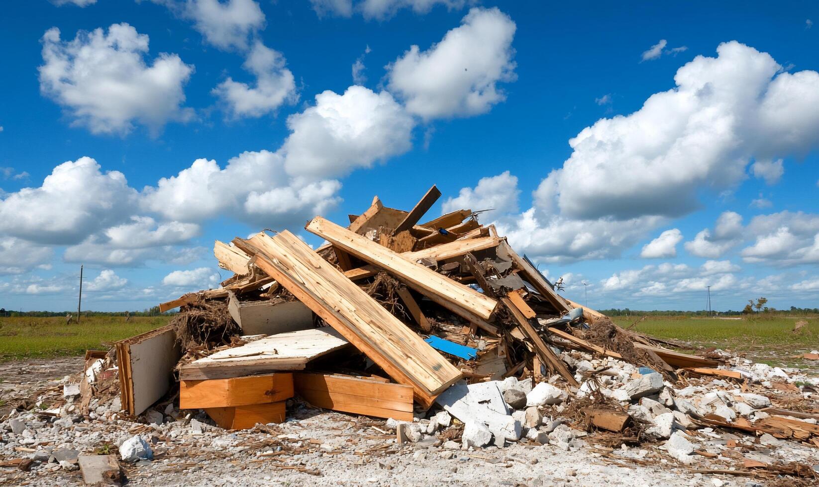 A pile of wood and debris sitting on top of a dirt field photo