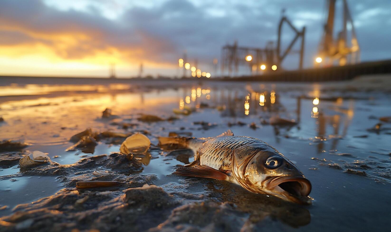 A dead fish lying on the beach at sunset photo