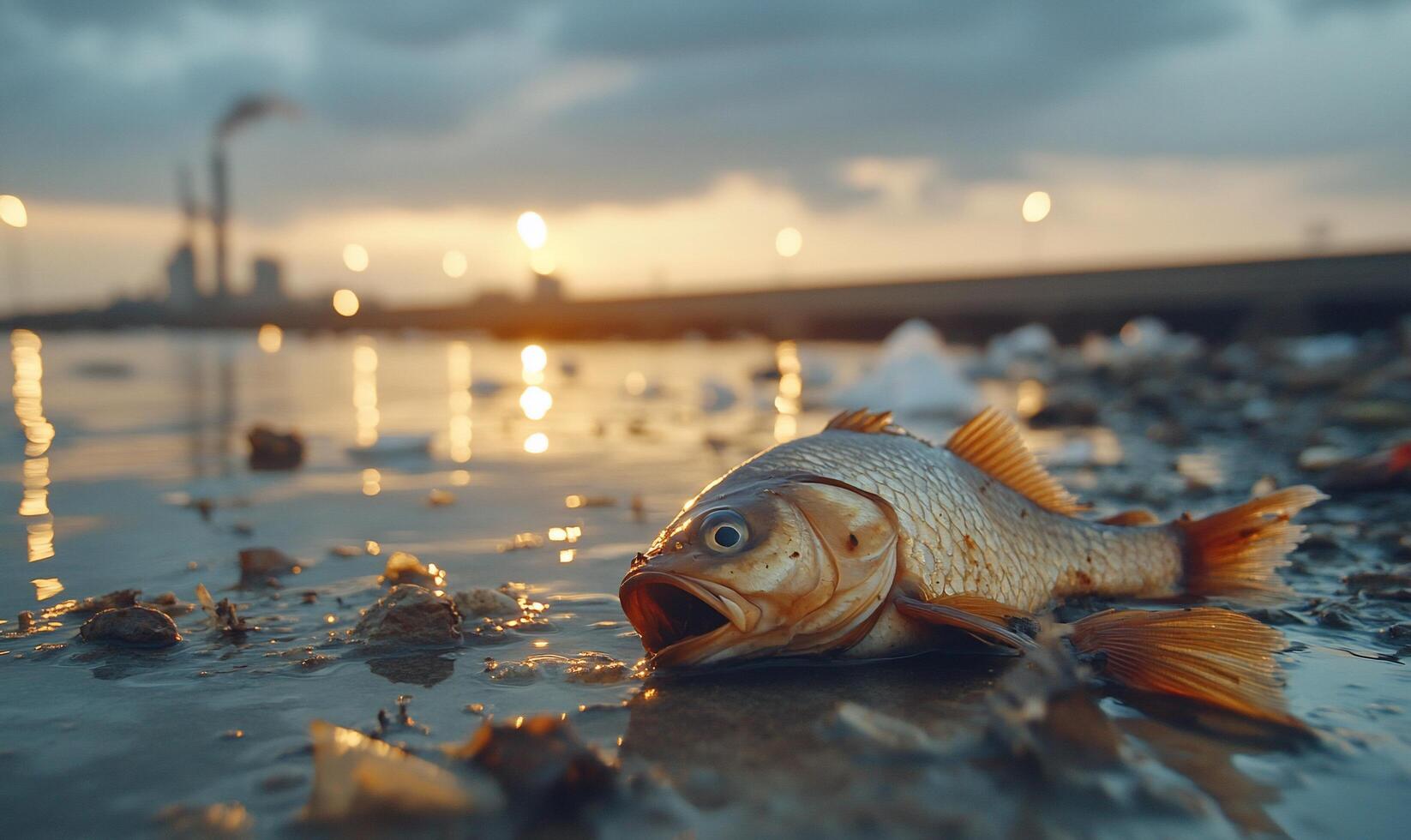 A dead fish lying on the ground in the water photo