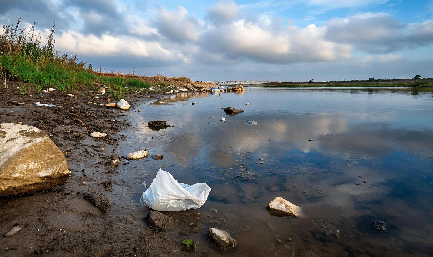 A trash bag is sitting on the shore of a river photo