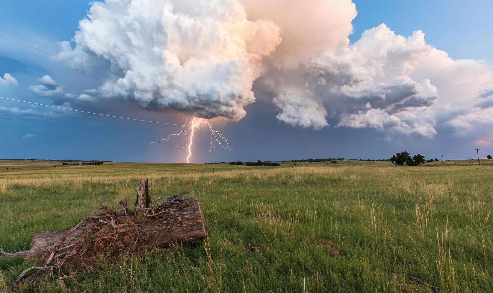 A lightning bolt strikes through the clouds in a field photo