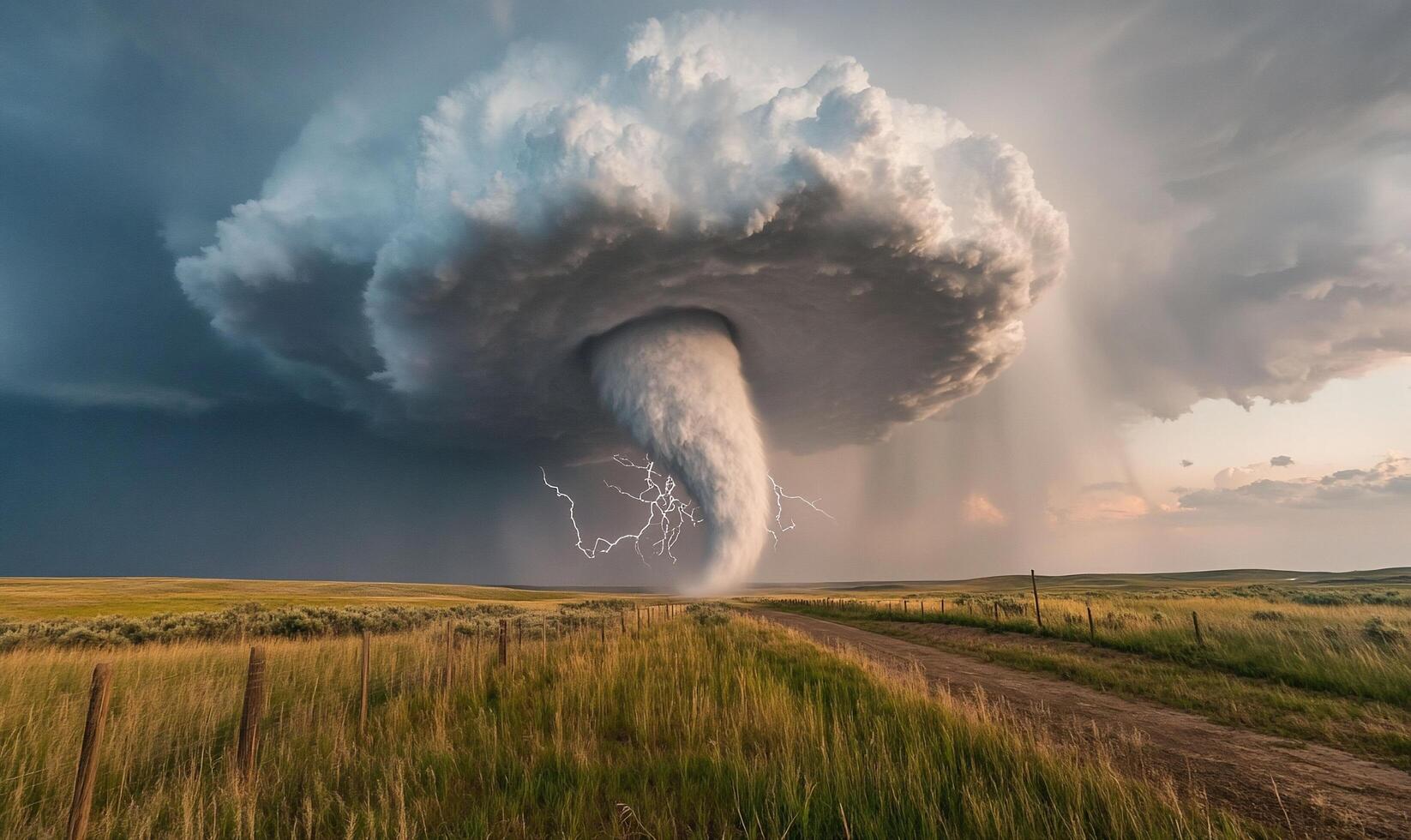 A tornado is seen in the sky over a field photo