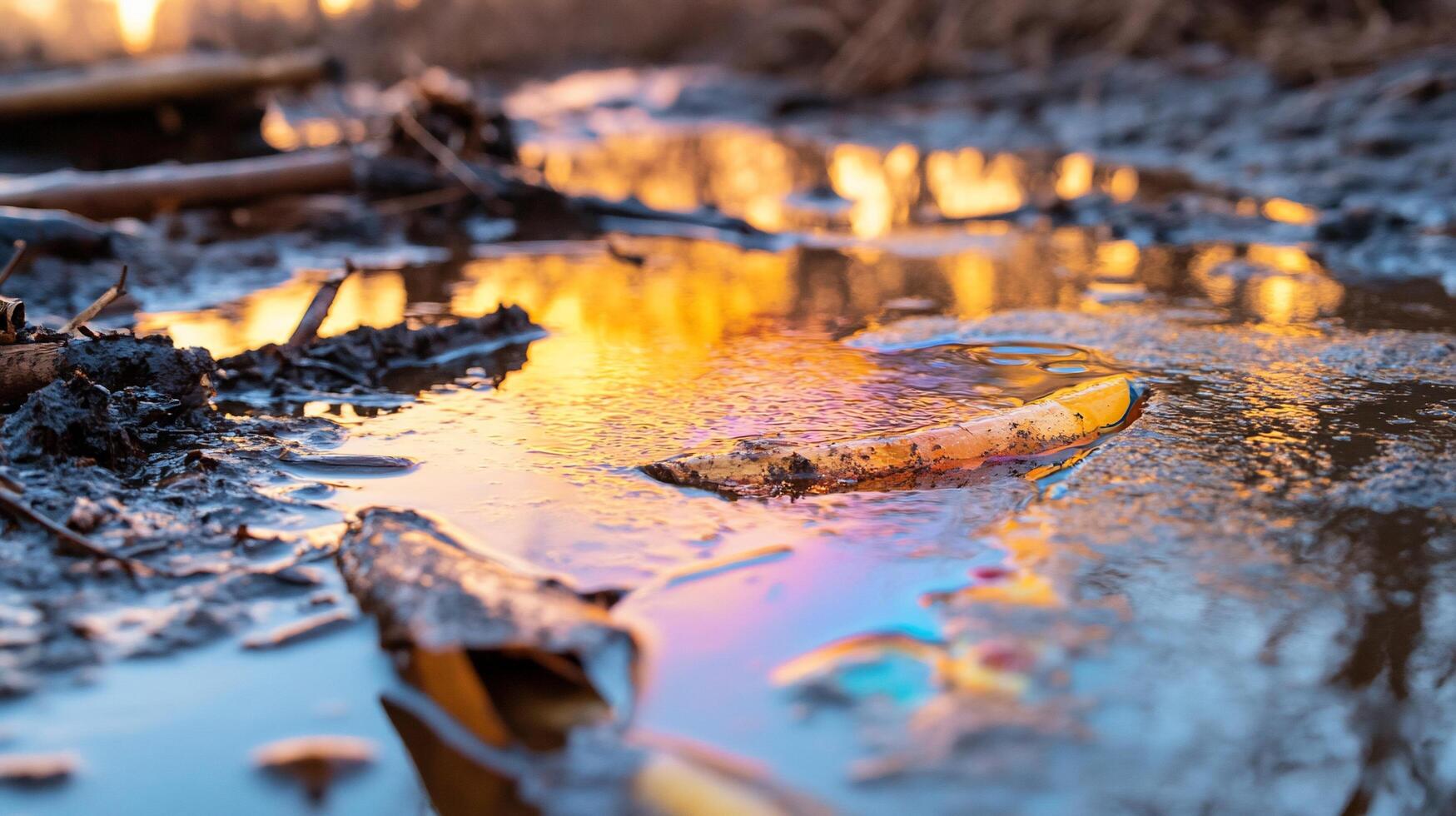 A yellow and orange object is sitting in a puddle of water photo