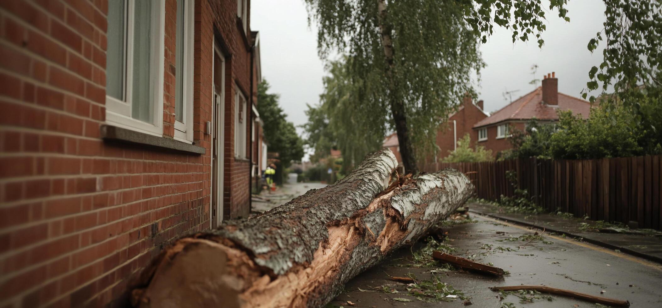 A large tree is leaning against a brick wall photo