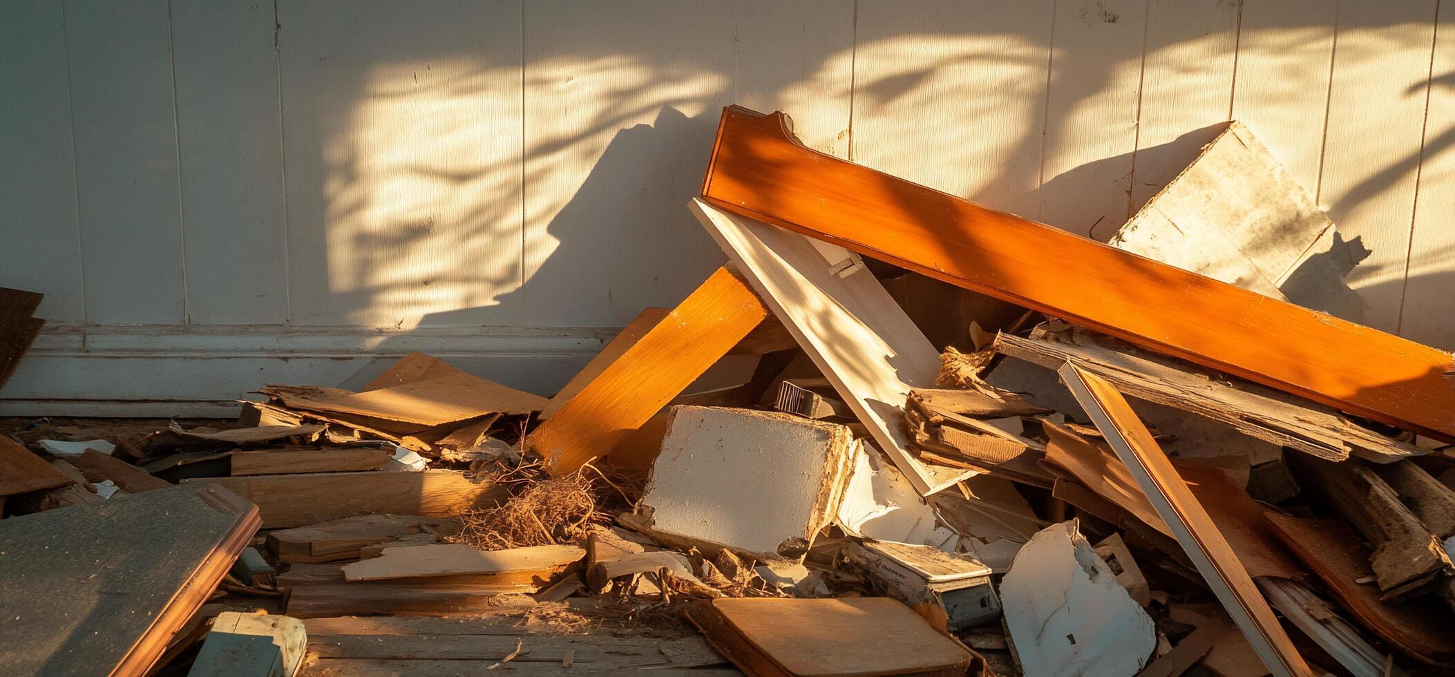 A pile of wood and other debris in a room photo