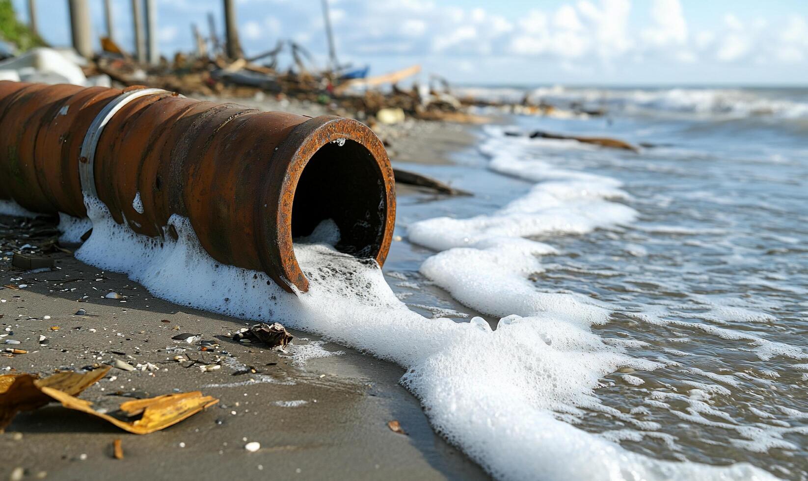 A pipe is sitting on the beach with foam coming out of it photo