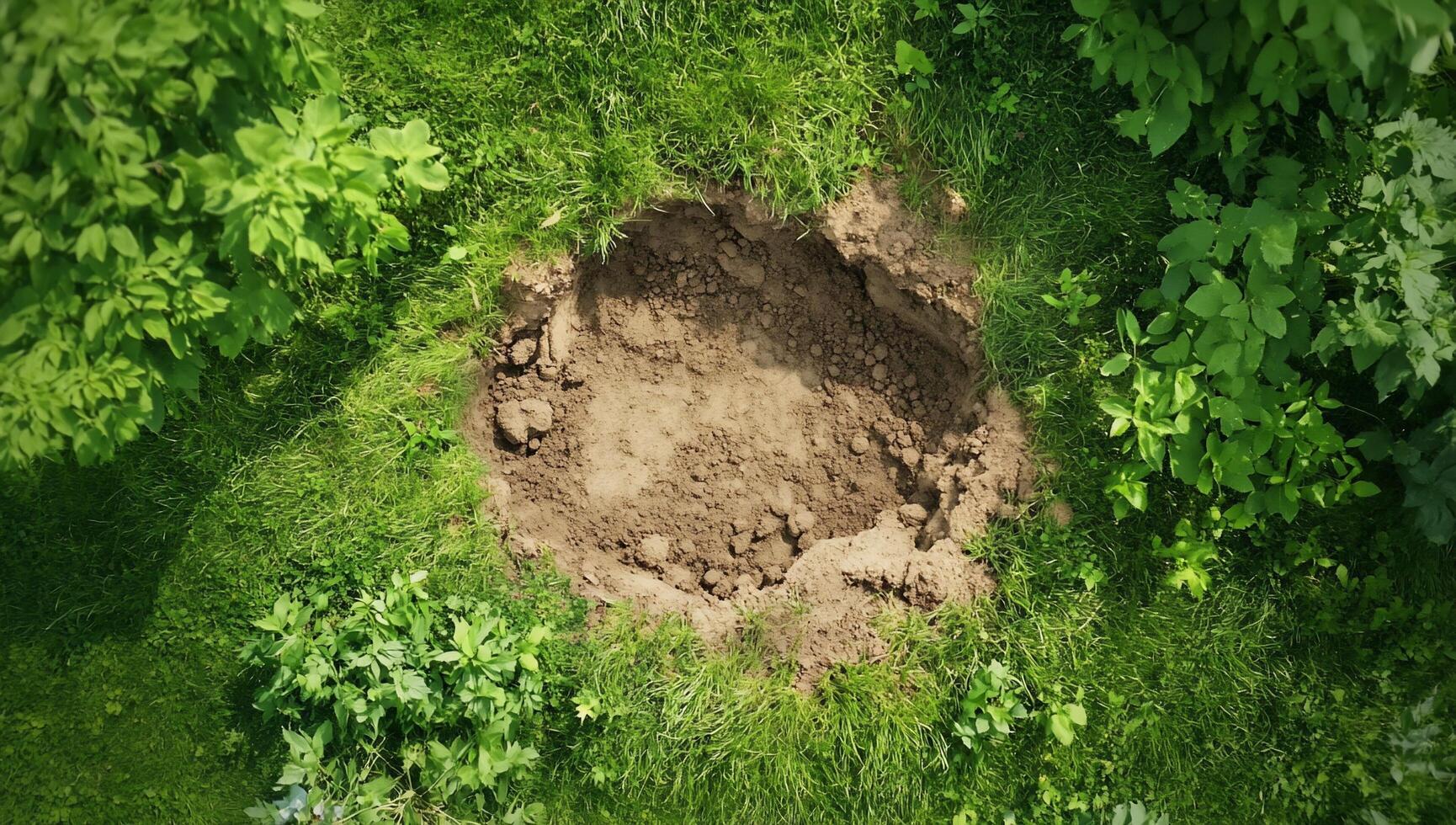 A hole in the ground with dirt and grass photo