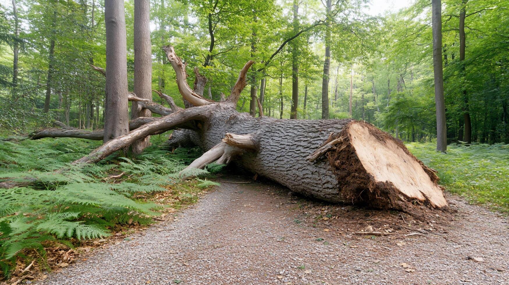A fallen tree on a path in the woods photo